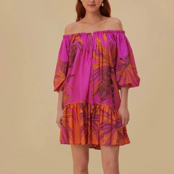 FARM Rio Dresses & Skirts - Farm Rio Beach Forest Pink Off The Shoulder Mini Dress Size Large NWT